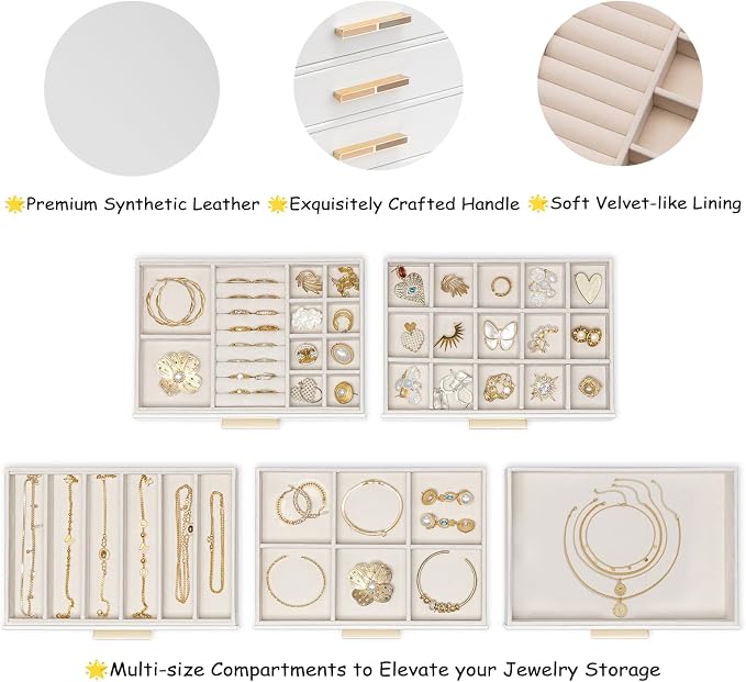 VLANDO 5-Drawer Jewelry Box with Glass Lid, Faux Leather Organizer for Rings Earrings Necklaces and More, Gift-Ready Jewelry Case for Women Girls or Moms, White