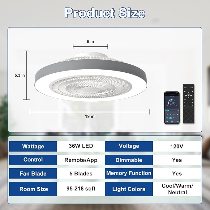 Depuley LED Ceiling Fan with Light: 19" Modern Flush Mount Low Profile Ceiling Fans with Remote & Smart APP Control - Grey Bladeless Fandelier Dimmable Quiet DC Motor for Bedroom Kids Room 6 Speeds