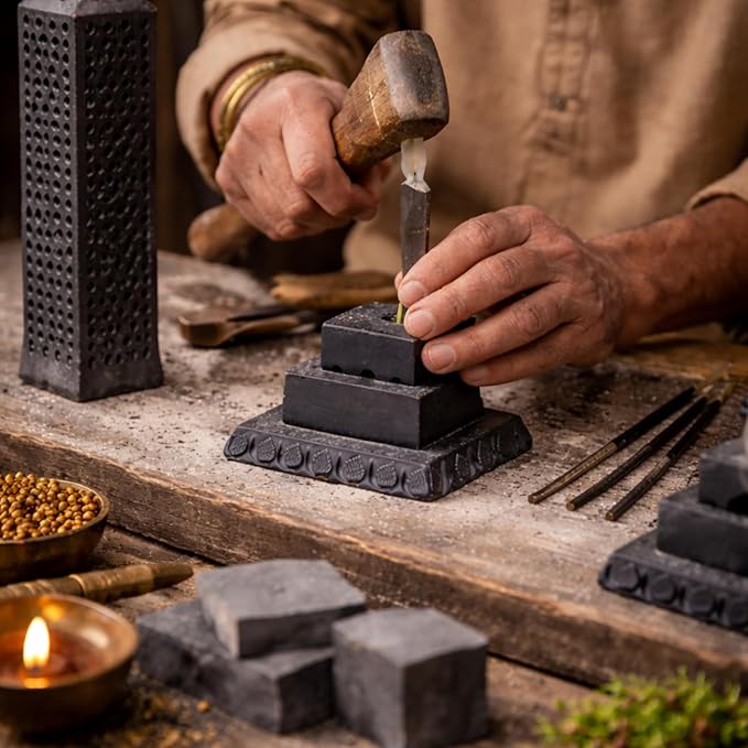 Handmade Marble Black Soapstone Incense Stick Burner | Candle Stick Holder | Tea Light Burner - Perfect Jaali Carving for Gifting. Decorative Home and Kitchen Decor (3 x 3 x 11 Inches).