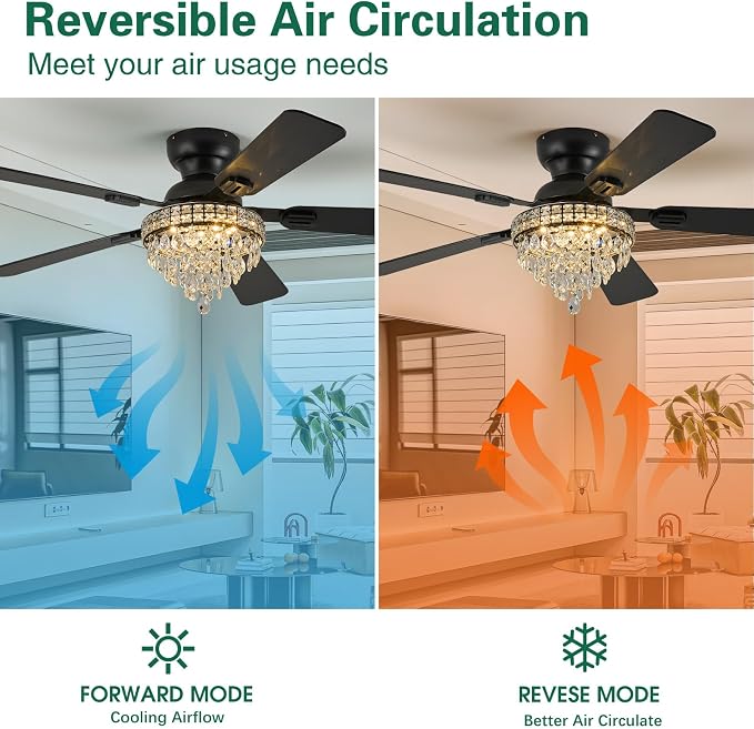 52“ Crystal Ceiling Fans with RGB Lights, Remote/App Control, Modern Fandelier Ceiling Fan Flush Mount, Reversible DC Motor, Dimmable, Bedroom Chandelier Fan, (Black)