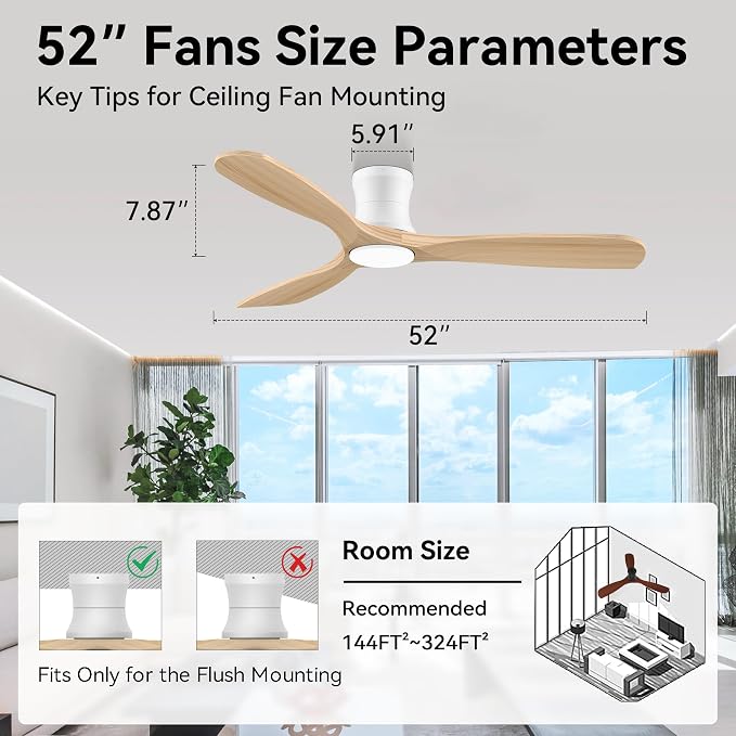 Livory 52” Wood Smart Flush Mount Ceiling Fans with Lights and Remote,Quiet DC Motor,Outdoor Indoor Ultra Low Profile Ceiling Fan works with Alexa WIFI APP,Modern White Ceiling Fan for Bedroom Patio