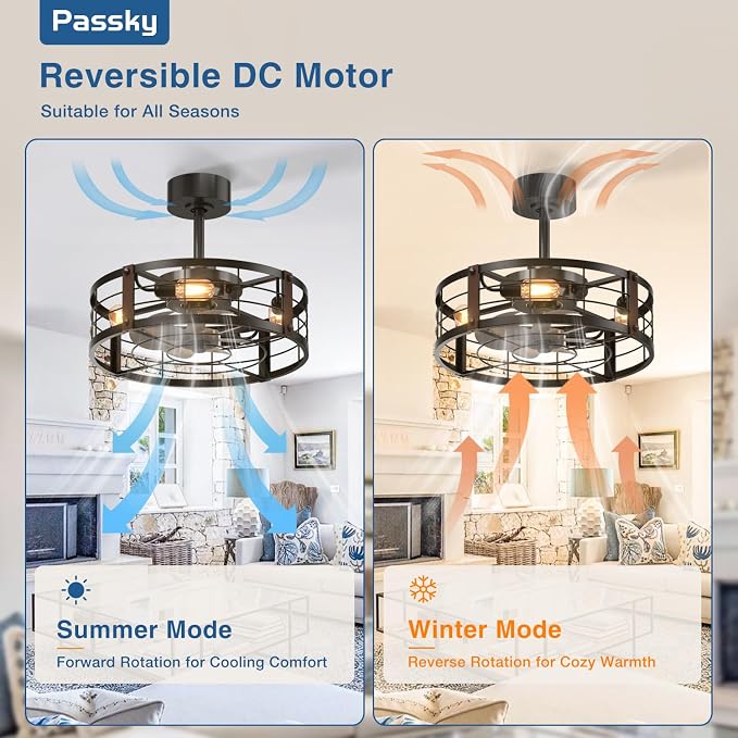 Passky 20 Inch Farmhouse Caged Ceiling Fans with Lights and Remote, Black Downrod Mount Bladeless Fandelier, 6 Speeds Bladeless Ceiling Fan Light for Bedroom, Kitchen, Living Room, Indoor
