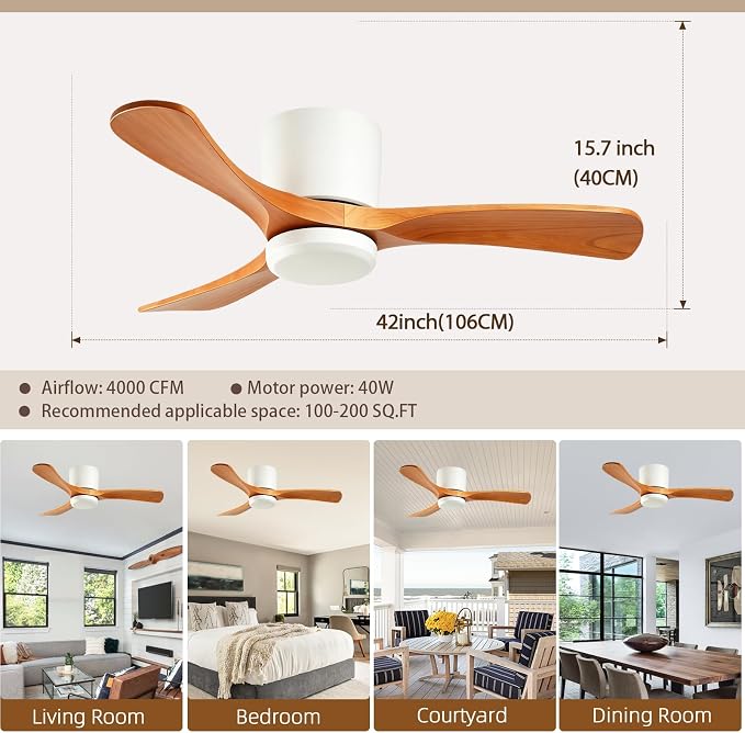 GESUM 42 Inch Wood Ceiling Fan without Light | Flush Mount, Remote Control, 3 Blade 6-Speed Reversible DC Motor, Noiseless Timer, For Bedroom Living Room Patio Porch