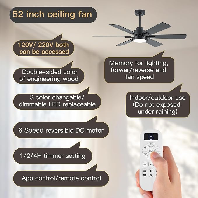 OURSTAR Ceiling Fans with Lights and Remote Control, Black Ceiling Fan with Light 3-Color LED Dimmable, Memory for Lighting and Fan Reversible, 6-Speed, Timer, Indoor/Outdoor Use, 52 Inch