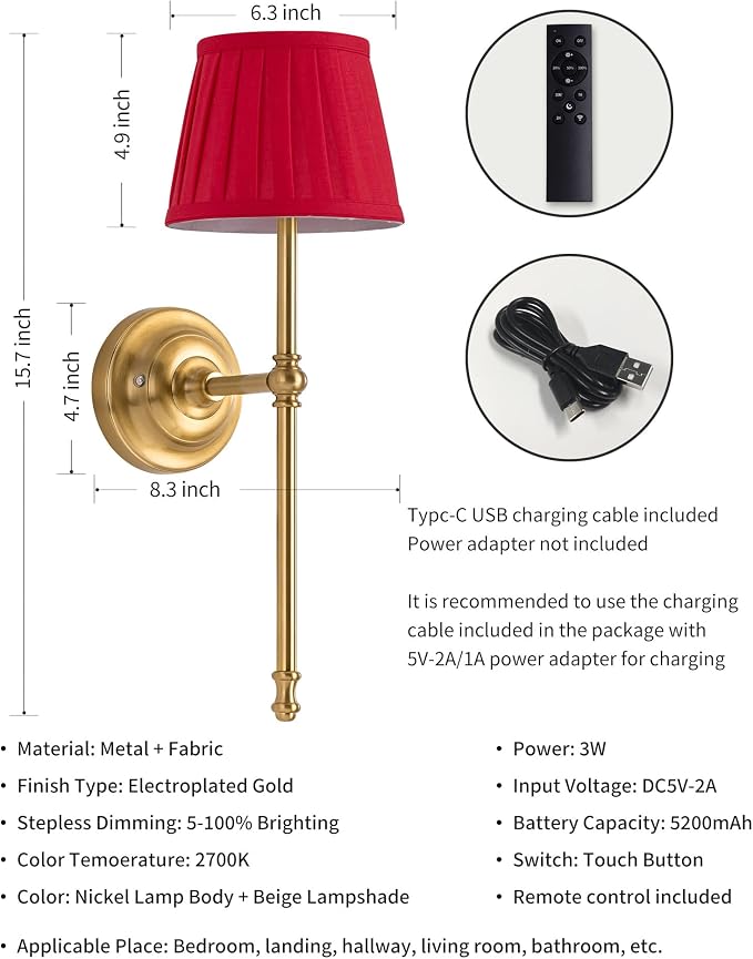 KDG Cordless Wall Sconces Set of 2, Small Wireless 5200mAh Rechargeable Battery Fabric LED Wall Lamps, Portables Lightings for Wall Painting, Living Room, Bedroom, Hallway, Gifts, Night Light (Red)