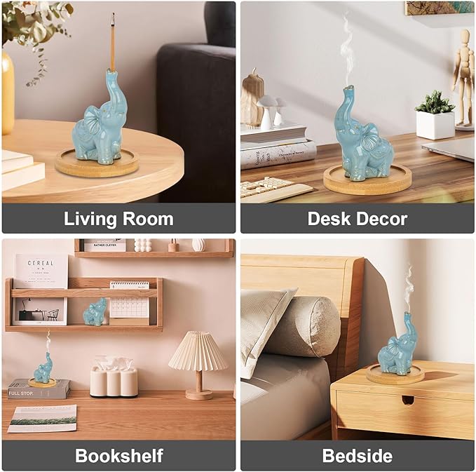 Cute Elephant Incense Holder with Wooden Coaster, Handmade Ceramic Burner, Animal Theme Incense Tray, Incense Burner for Home Decoration Accessories (Blue)