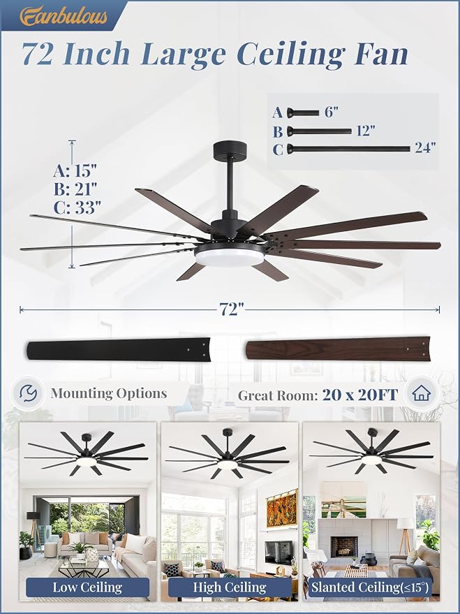 Fanbulous 72 inch Large Ceiling Fans with Lights and Remote, Outdoor Black Ceiling Fan with 10 Blades, 32W LED light 3 CCT, 6 Speed Reversible Quiet DC Motor, Modern Ceiling Fan for Living Room Patio