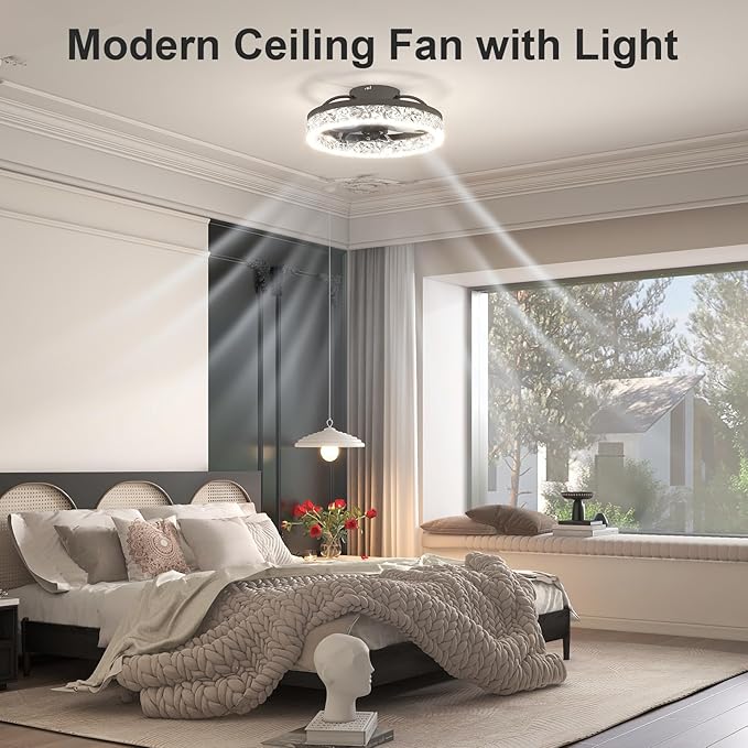 VOLISUN Fandelier Ceiling Fans with Light, 15.7in Low Profile Ceiling Fan with Light and Remote, 3000K-6500K Dimmable Bladeless Ceiling Fan Flush Mount, Black Modern Ceiling Fan with Light for Bedroom