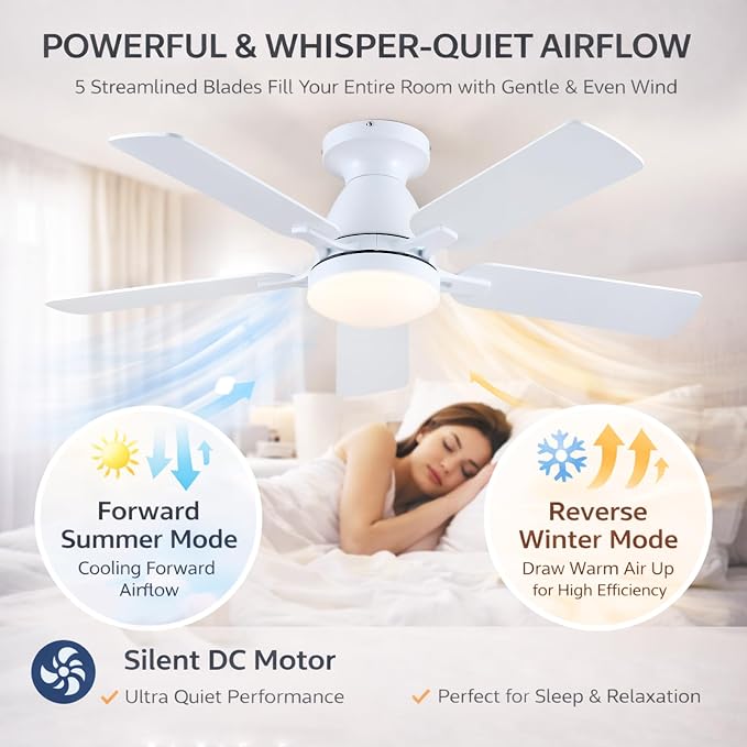 46 Inch Ceiling Fans with Lights and Remote, Flush Mount, White | Low Profile, Dimmable LED, Reversible, Quiet DC Motor, Wooden Blades, for Modern Apartment Bedroom Home Office Living Room
