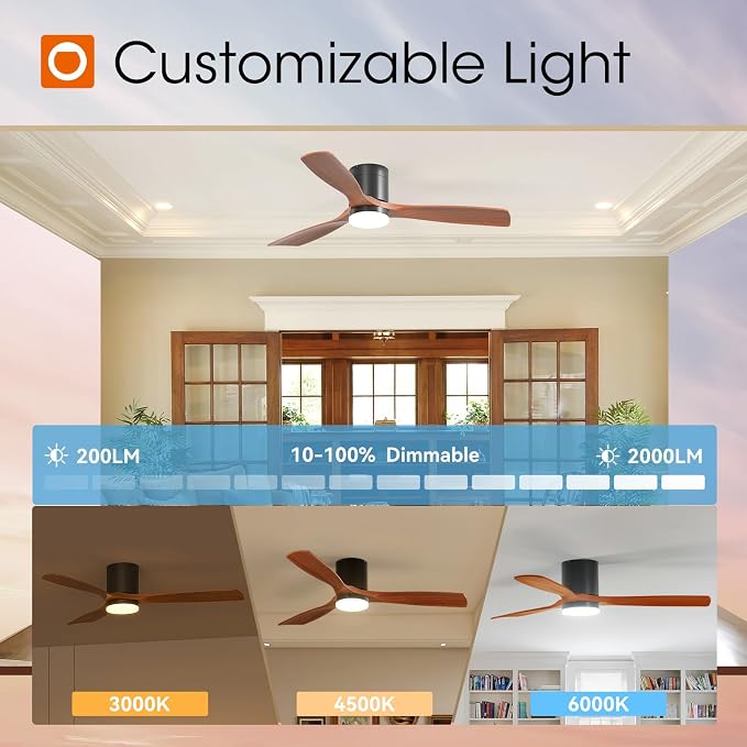 addlon 52 inch Ceiling Fans with Lights, Low Profile Ceiling Fan with Light and Remote Control, Flush Mount, Reversible, 3 Wood Blades, 3CCT Dimmable, Black Walnut Ceiling Fan for Indoor/Outdoor Use