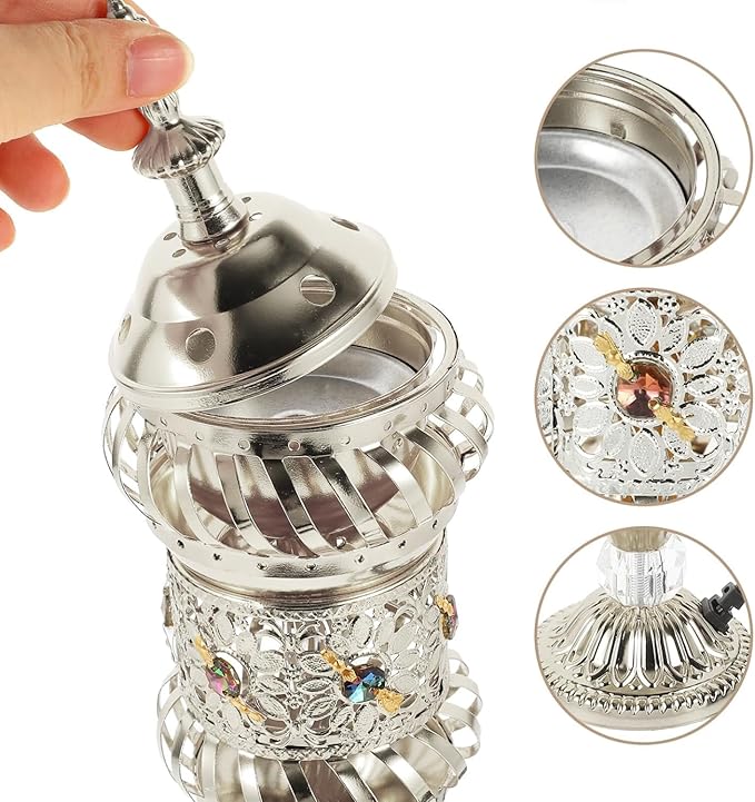 RCFINE Electric Incense Burner Bakhoor Metal Incense Burner Middle Eastern Style Arabic Incense Burner for Aromatherapy Yoga Spa Home Tabletop Decoration (Silver)