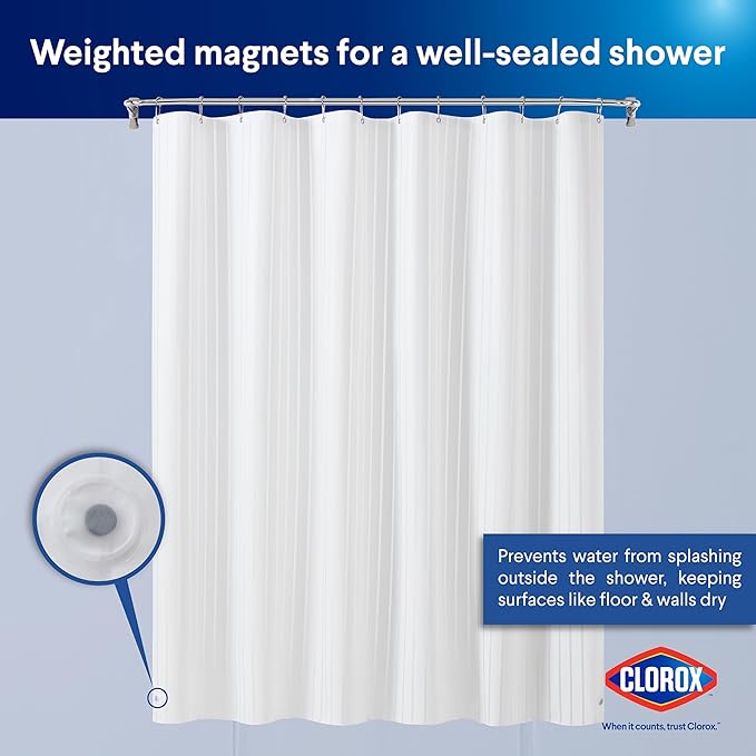 Clorox Shower Curtain Liner, Premium Striped Medium-Weight Durable Waterproof 6g PEVA for Bathroom with Weighted Magnets, Printed Standard Size 72" x 72", White