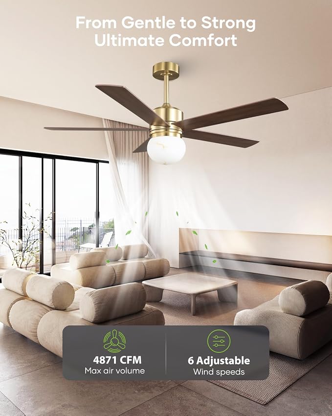 52 Inch Ceiling Fan with Light and Remote, Indoor & Outdoor Brushed Gold Ceiling Fan for Living Room Garage, Quiet DC Motor, Timer, 6 Speeds