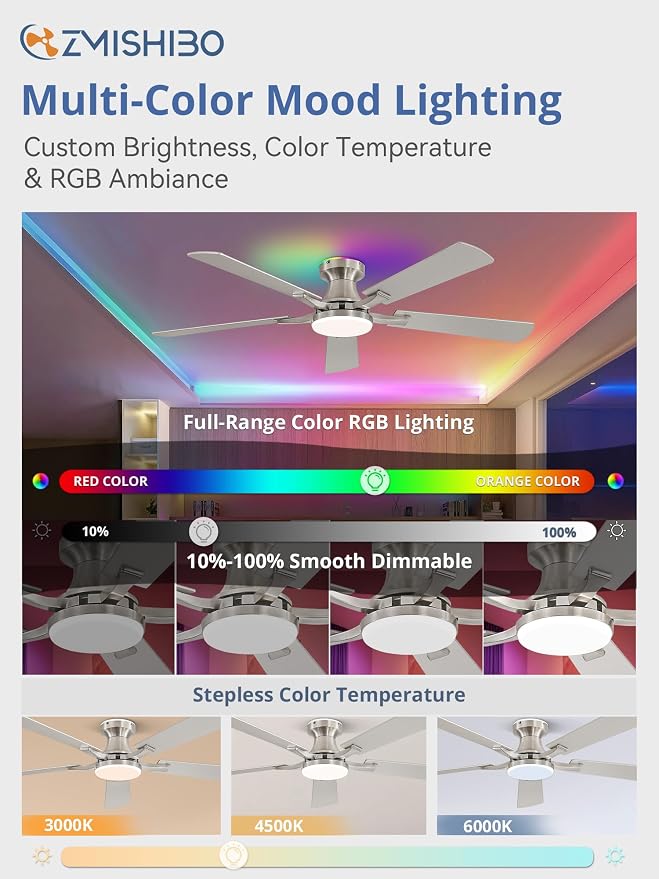ZMISHIBO 52 Inch Ceiling Fan with RGB Lights, Low Profile Flush Mount with Alexa/App/Remote, Dimmable 20W LED Light, Nickel Modern for Living Room, Bedroom, Game Room
