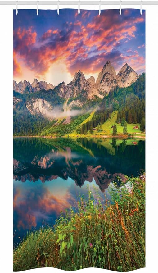 Ambesonne Landscape Stall Shower Curtain, Summer Sunrise on Vorderer Gosausee Lake in The Austrian Alp Mountains, Fabric Bathroom Decor Set with Hooks, 36" W x 72" L, Pink Green