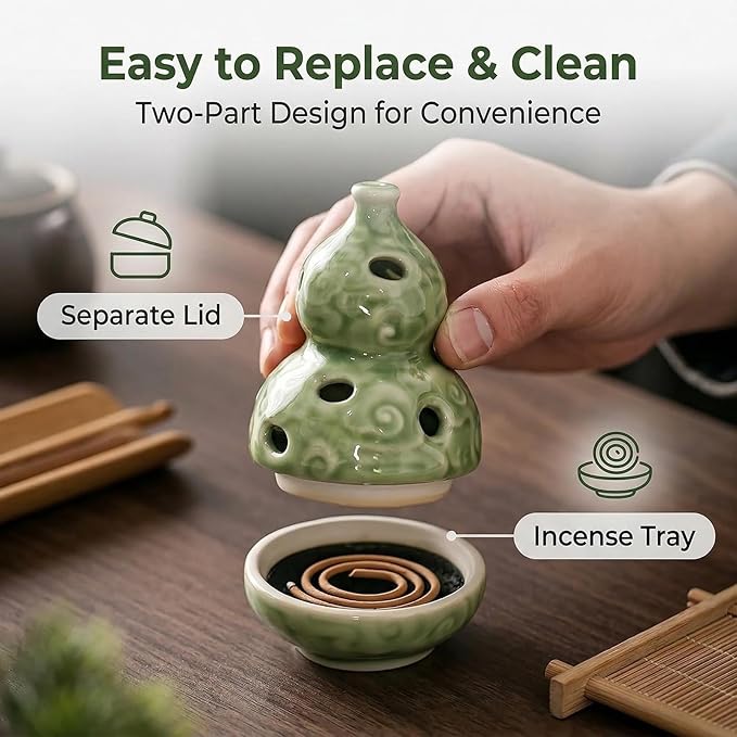 Ceramic Incense Burner, Incense Holder Suitable for Incense Sticks, Cone Incense, Palo Santo, White Sage, for Spiritual Cleansing, Stress Relief, Meditation Accessories (HuLu)
