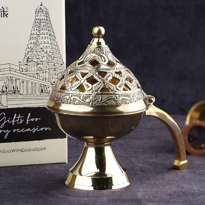 SATVIK 1 Pc Pure Brass Antique Incense Holder Large Dhuni Burner with Long Brass Handle Handheld Puja Dhuna Agarbatti Dhoop Pot Dhuni Stand Indian Diwali Festive Housewarming Return Gift Items Bulk