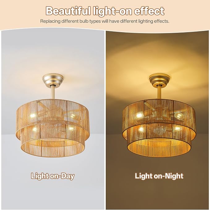 20" Caged Boho Ceiling Fans with Lights, Rattan Fandelier Chandelier Ceiling Fan with Light Remote Control with 6 Speeds for Bedroom, Nursery