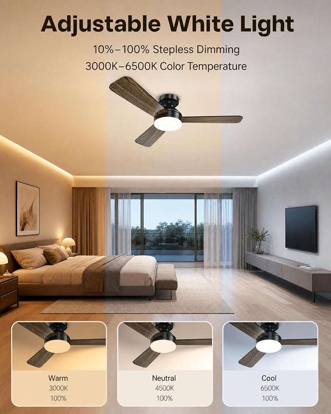 Ceiling Fans with Lights, 52 Inch Brown Indoor Fan with Remote and App Control, Dimmable LED Light, 6 Speeds, Reversible Airflow, Low Noise for Bedroom Living Room Kitchen
