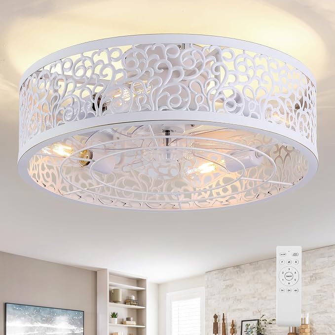 COCOSTAR Farmhouse Ceiling Fan with Light and Remote White Caged Fandelier | Smart Remote/APP,Low Profile,6 Speed,20in Small Flush Ceiling Light Fixture with Fan for Living Dining Kitchen Girls Bedroom