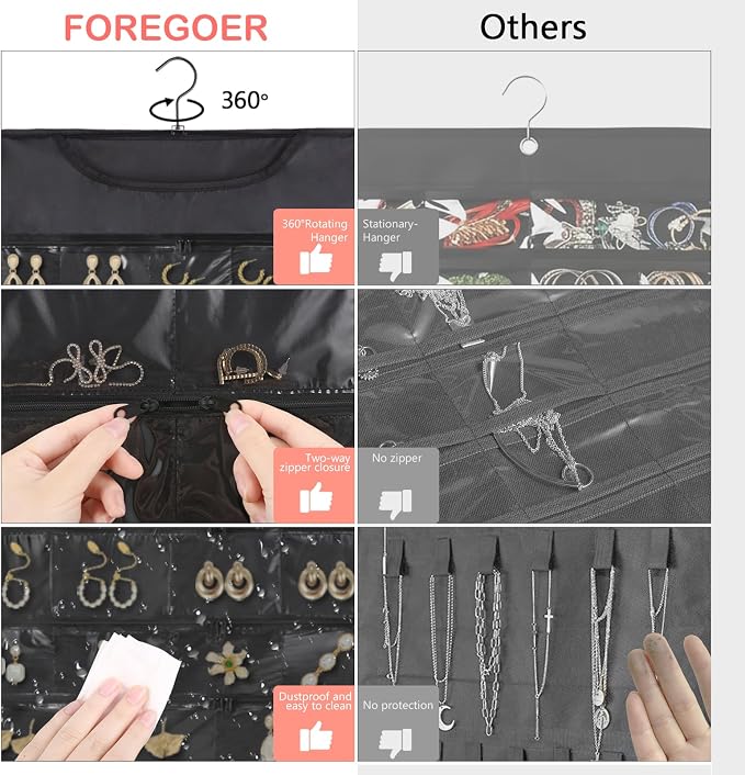 FOREGOER Hanging Jewelry Organizer Storage Roll 88 Zippered Pockets,Dustproof Foldable for Travel,Double-Sided Accessories Organizer Holder for Earring Necklace Ring on Closet Wall Door(Black,1 Pack)