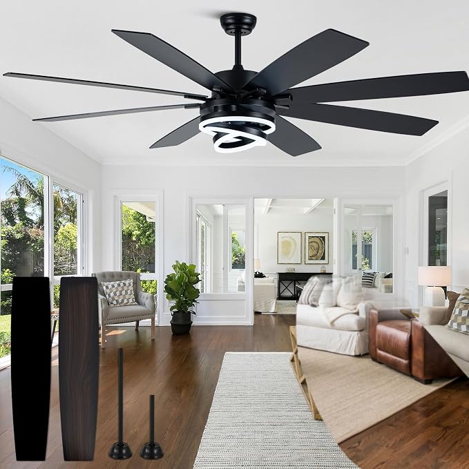 72" Large Black Modern Ceiling Fans with Lights | Remote, 6-speed reversible DC motor, dimmable, 3 adj rings; suitable for indoor/outdoor use, living room & kitchen.