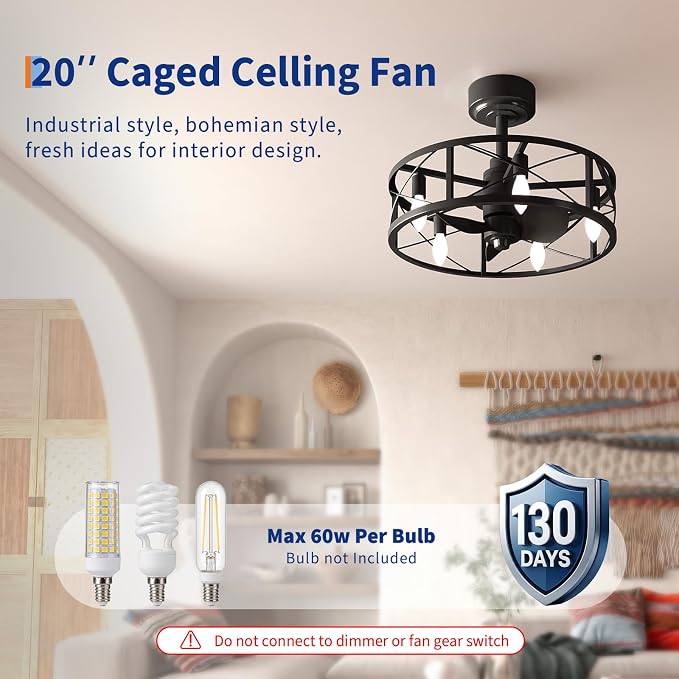 GarveeHome Caged Ceiling Fan 20in with Light, Flush Mount Fan Light Fixture | Black Metal Cage Flush Mount Ceiling Fan with Light, Remote Control Farmhouse Fan Light for Bedroom