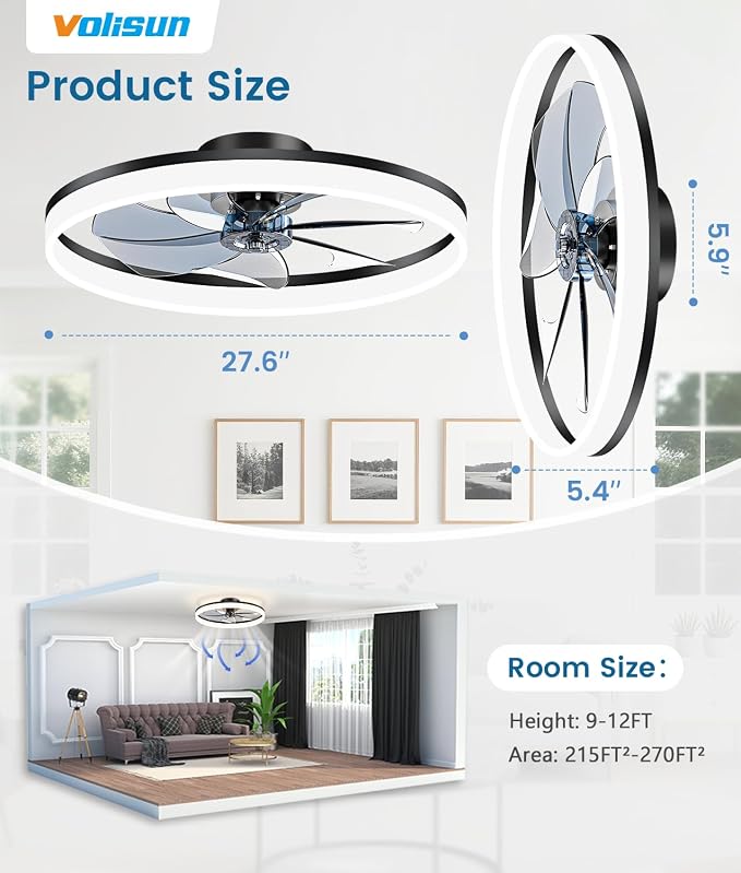 VOLISUN Low Profile Ceiling Fans with Lights and Remote, 27.6in Fandelier Ceiling Fan Flush Mount, 3000K-6500K Smart Bladeless LED Fan Light, Black Modern Ceiling Fans with Lights for Bedroom