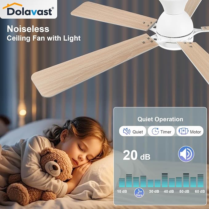 Ceiling Fans with Lights, 52 Inch Low Profile Ceiling Fan with Light and Remote Control, Flush Mount, Reversible, 3CCT, Dimmable LED, Quiet, White Ceiling Fan for Bedroom, Living Room