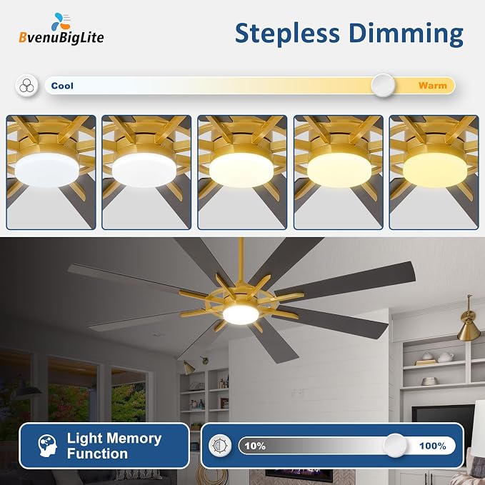 Large Ceiling Fans with Lights: Modern 66 Inch 8 Blade Outdoor Ceiling Fan with Remote APP Control - Dimmable Black Gold Big Fan light Indoor Reversible 6 Speed Quiet DC Motor