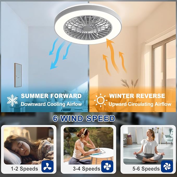 Depuley RGB Ceiling Fan with Light: 19" Enclosed Low Profile Flush Mount LED Ceiling Fans with Remote Control - Modern White Bladeless Fandelier Dimmable Quiet DC Motor for Bedroom KTV Room