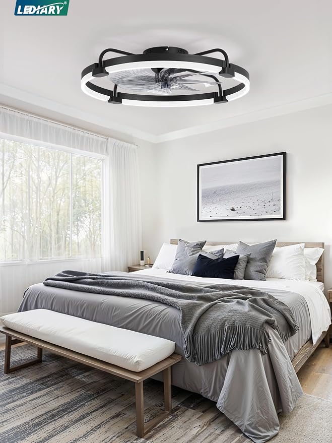 LEDIARY Ceiling Fans with Lights and Remote, 24'' Low Profile Ceiling Fan with Light, 3000-6000K Dimmable Fandelier LED Fan Light, 6 Wind Speeds, Black Modern Flush Mount Ceiling Fan for Bedroom