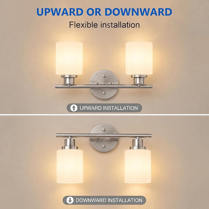 Unicozin 2 Light Bathroom Light Fixtures, Modern Vanity Lights with Milky White Glass Shade, Brushed Nickel Wall Lamp Over Mirror for Bathroom, Living Room, Cabinet, Bedroom, E26 Base