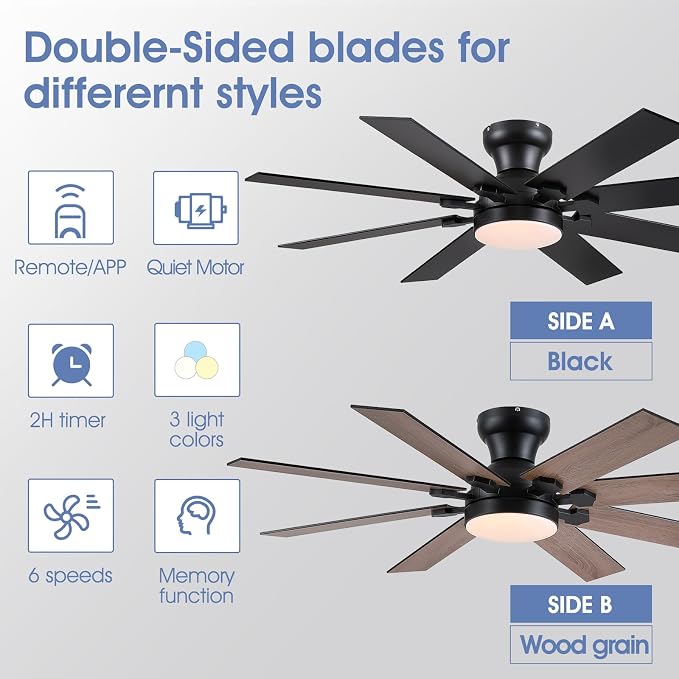 52"8-Blade Black Modern Low Profile Ceiling Fans with Lights and Remote/APP | Supports Remote and APP,6 Wind Speeds, Reversible, Dimmable 3CCT LED Light, 30W Quiet DC Motor,2H Timer,8 Double-Sided Blades