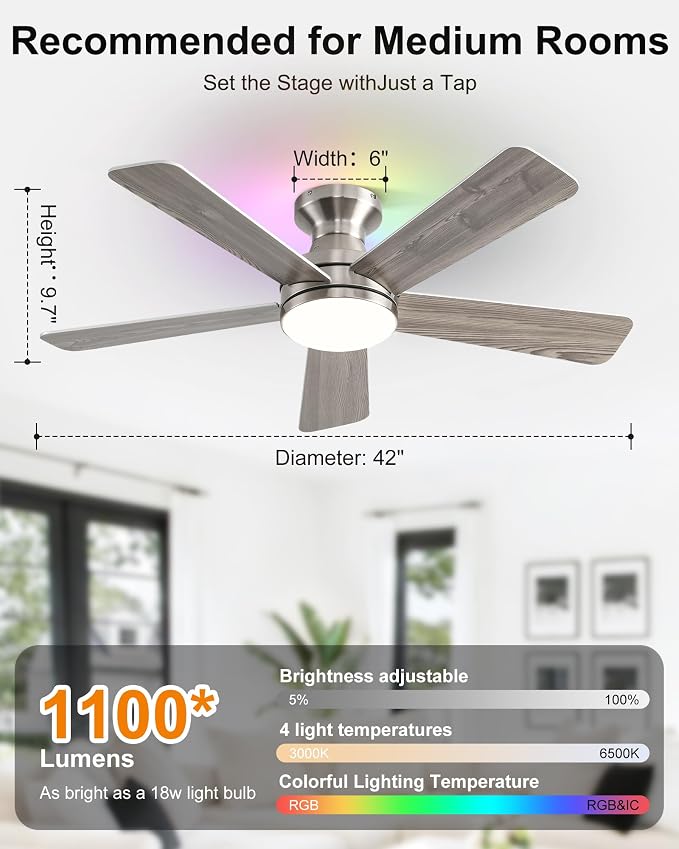 42 Inch Ceiling Fans with Lights, Smart Ceiling Fan with Alexa Google App, Nickel Ceiling Fan with RGB Lights Remote, 6 Speeds Reversible DC Motor, Modern Flush Mount for Bedroom Living Room