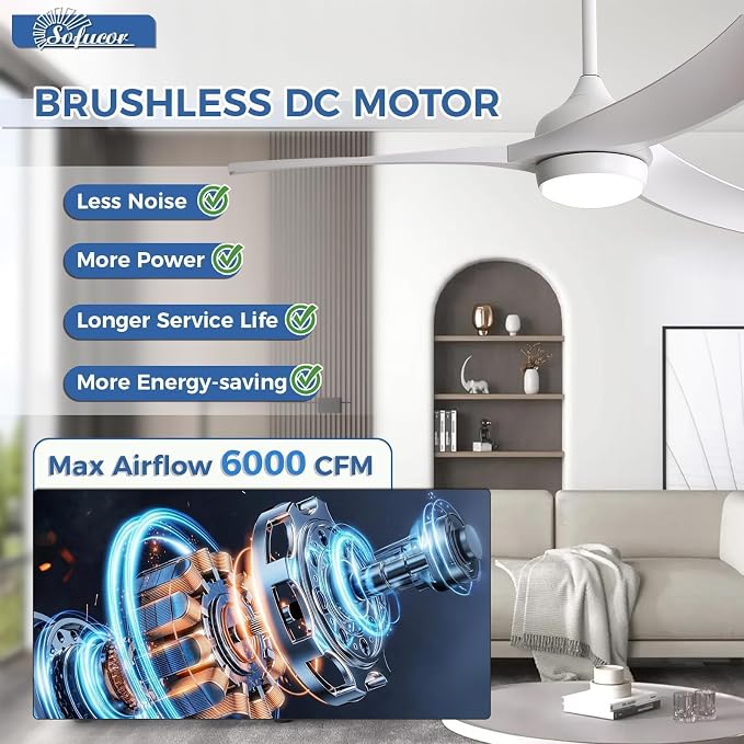 Sofucor 52 Inch Ceiling Fan with Light, Outdoor White Ceiling Fan with Lights Remote Control Airflow 6000CFM 3 CCT Dimmable 3-Timer ABS 3 Blades Reversible DC Motor for Living Room Bedroom Patio