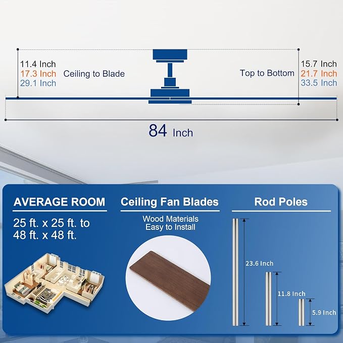 Rayqueen 84 Inch Brushed Nickel Ceiling Fans with Lights and Remote,Downrod | Walnut Blades,6 Speed Reversible DC motor,3-color temperature dimmable LED.5.9/11.8/23.6 inch downrod
