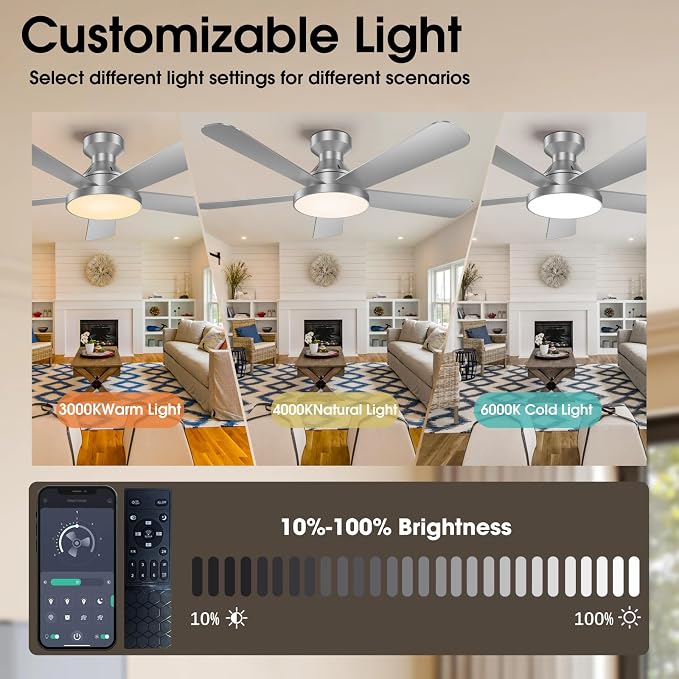 Ceiling Fans with Lights, 46" Low Profile Ceiling Fan with Light, Remote/App Control, Flush Mount Ceiling Fan for Bedroom, Indoor/Outdoor (Silver)