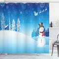 Ambesonne Christmas Shower Curtain, Snowman on The Christmas Eve Santa's Sleigh in The Starry Sky Fantasy Artwork, Cloth Fabric Bathroom Decor Set with Hooks, 69" W x 70" L, Blue White