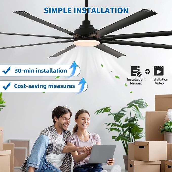 96 Inch Industrial Ceiling Fan with Light and Remote Control, Large Ceiling Fans with 8 Reversible Aluminum Blades, 3CCT, 6-Speed,Commercial Ceiling Fan for Porch/Garage/Shop