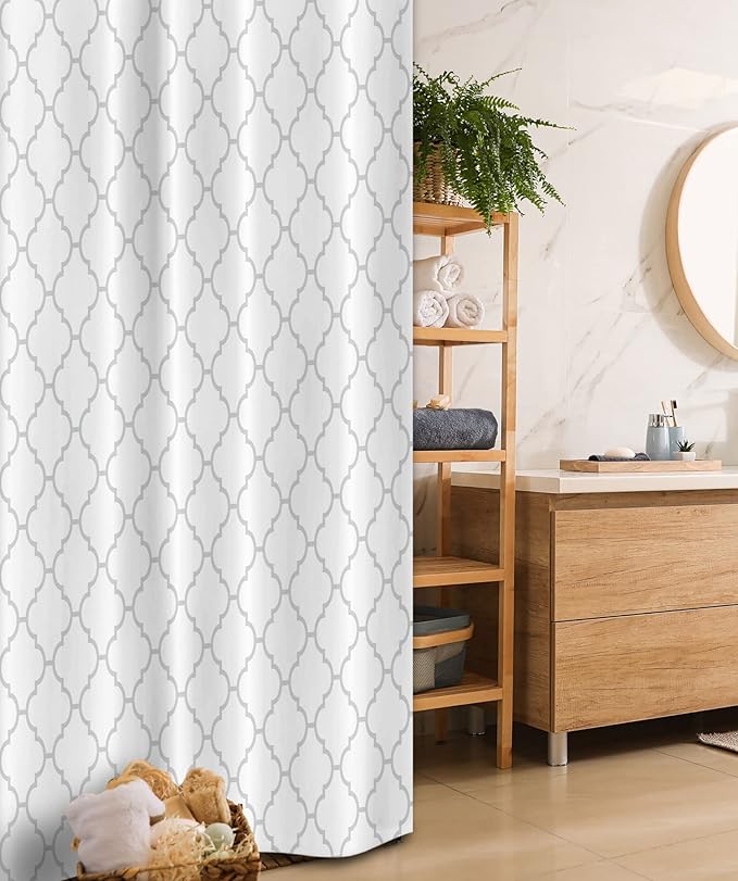 Ambesonne Grey Shower Stall Curtain with Hooks, Simple Monochrome Geometric Linked Forms on Plain Background, Hotel Quality Washable Fabric Modern Decor Set for Bathroom, 36" W x 72" L, White Gray