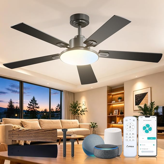Amico 52 Inch Smart Ceiling Fan with Lights, Remote/App/Alexa/Google Control, WiFi Modern Downrod Mount Ceiling Fan, Reversible DC Motor, 6 Speeds, 3CCT, Dimmable, Quiet for Bedroom/Living Room, Black