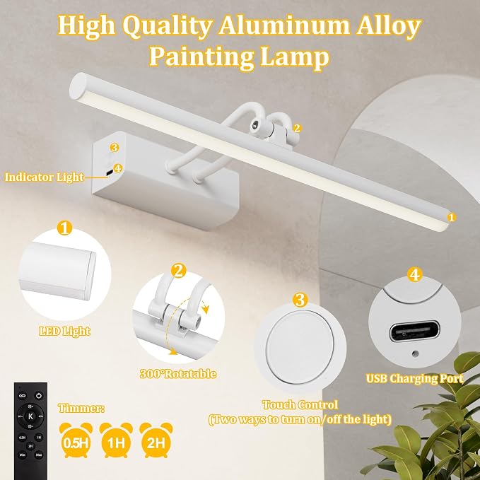 Battery Operated Picture Light for Wall, White