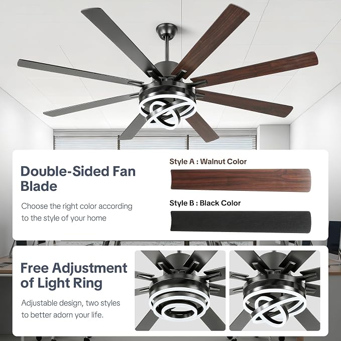 72 Inch Chandelier Ceiling Fans with Lights, Large Modern Ceiling Fan with Remote Control for Living Room Kitchen, Dimmable, 6 Speed Reversible DC Motor, Dual Finish，Black