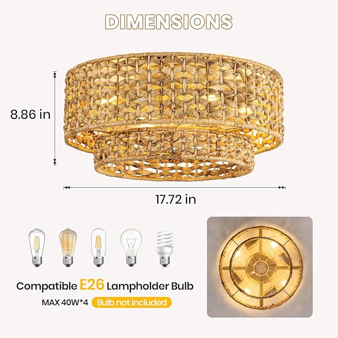 Boho Caged Ceiling Fan with Lights Flush Mount,Handwoven Layered Rattan Fandelier ceiling fan with Remote Control Reversible 6-Speed Enclosed Ceiling Fan Light for Bedroom Living Room Nursery E26