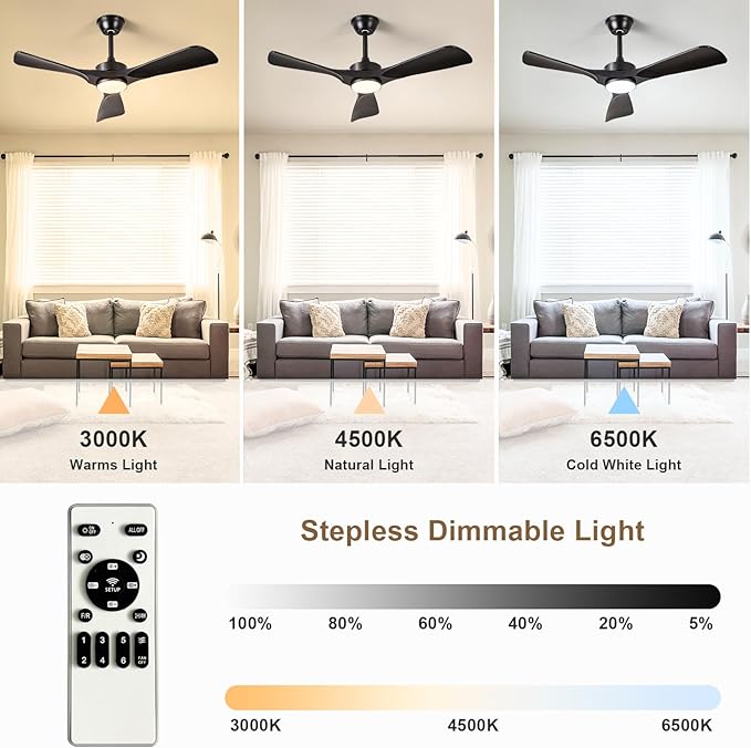 Black Ceiling Fan with Light: 42-Inch Ceiling Fan 3 Blades Low Profile Outdoor - Modern Ceiling Fans with Remote Control Quiet Reversible DC Motor for Patio Living Room