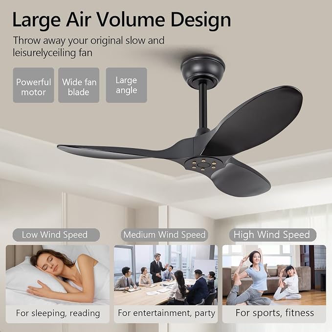 KBZZ 36 Inch Black Ceiling Fan without Light,6 Speeds,Reversible Silent DC motor,3 ABS Blades,Modern Ceiling Fan No Light,Ceiling Fan with Remote for Indoor Outdoor Farmhouse Bedroom Patio Kids Room