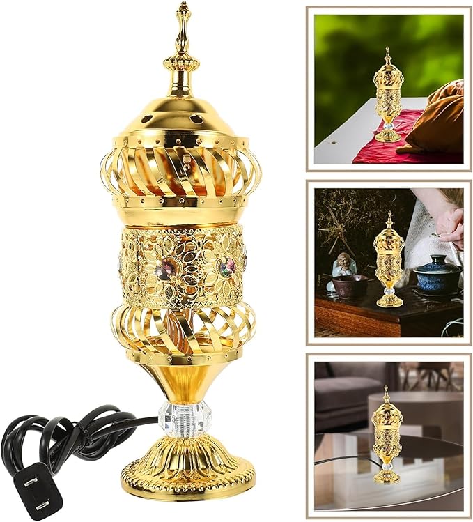 RCFINE Electric Incense Burner Bakhoor Metal Incense Burner Middle Eastern Style Arabic Incense Burner for Aromatherapy Yoga Spa Home Tabletop Decoration (Gold)