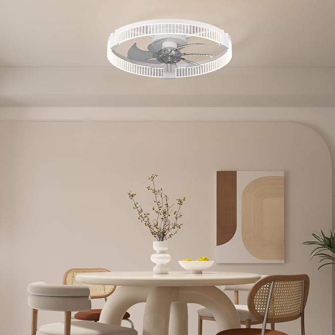 Garwarm Ceiling Fans with Lights，20IN Ultra Low Profile Ceiling Fan with Light and Remote, Dimmable 3000K–6000K LED Fandelier Flush Mount, DC Motor, for Bedroom, Kitchen, Office
