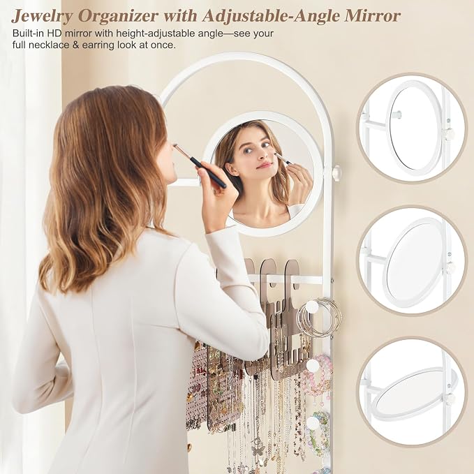 Keebofly Floor Jewelry Organizer with Adjustable Mirror & Drawer | 67.5" Tall Mobile Jewelry Tower with 6 Acrylic Pegboards, Large Drawer & Wheels, Perfect Floor Organizer for Women